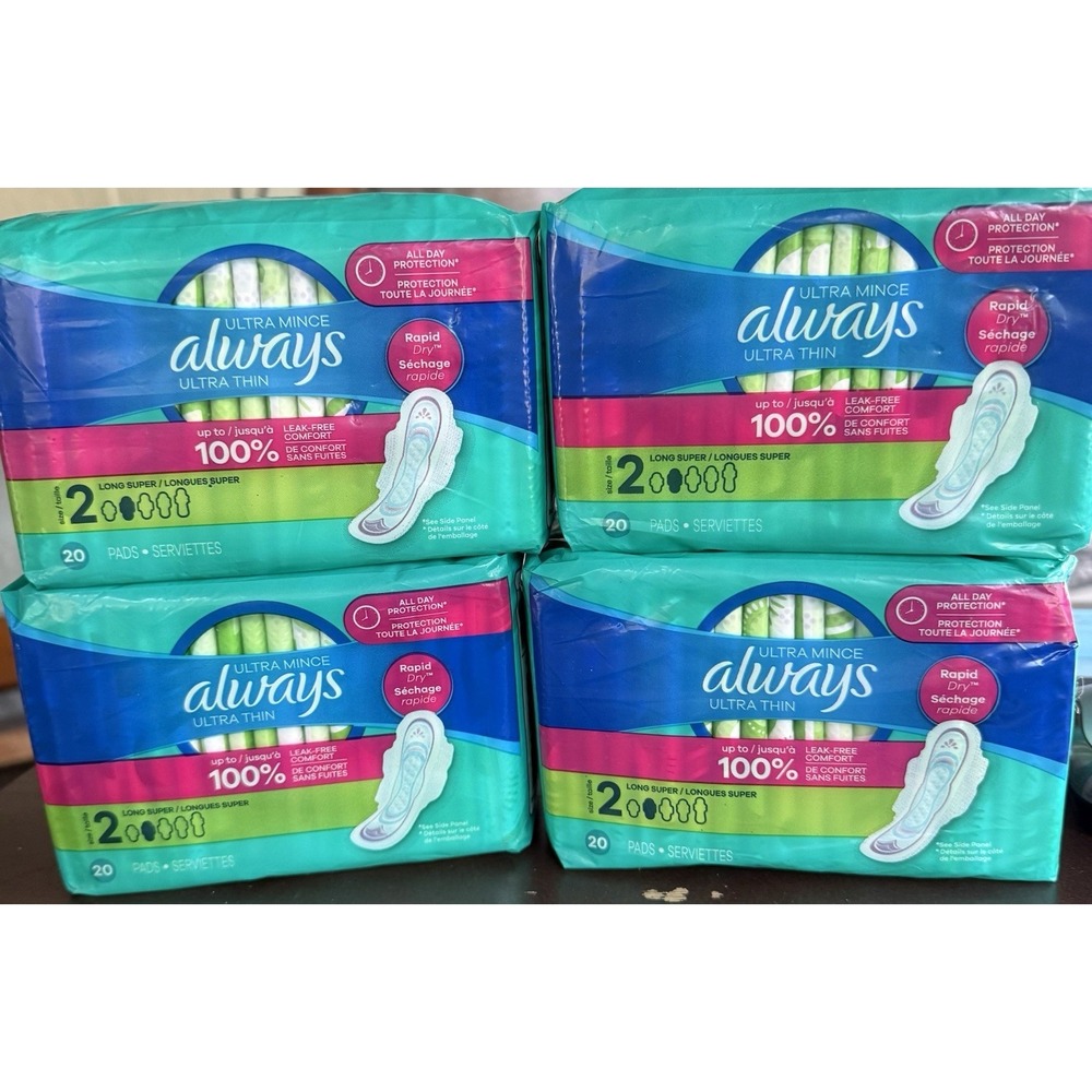 Always Pads Size 2 Ultra Thin 20 Count Long Super Lot Of 4 (80 Pads)